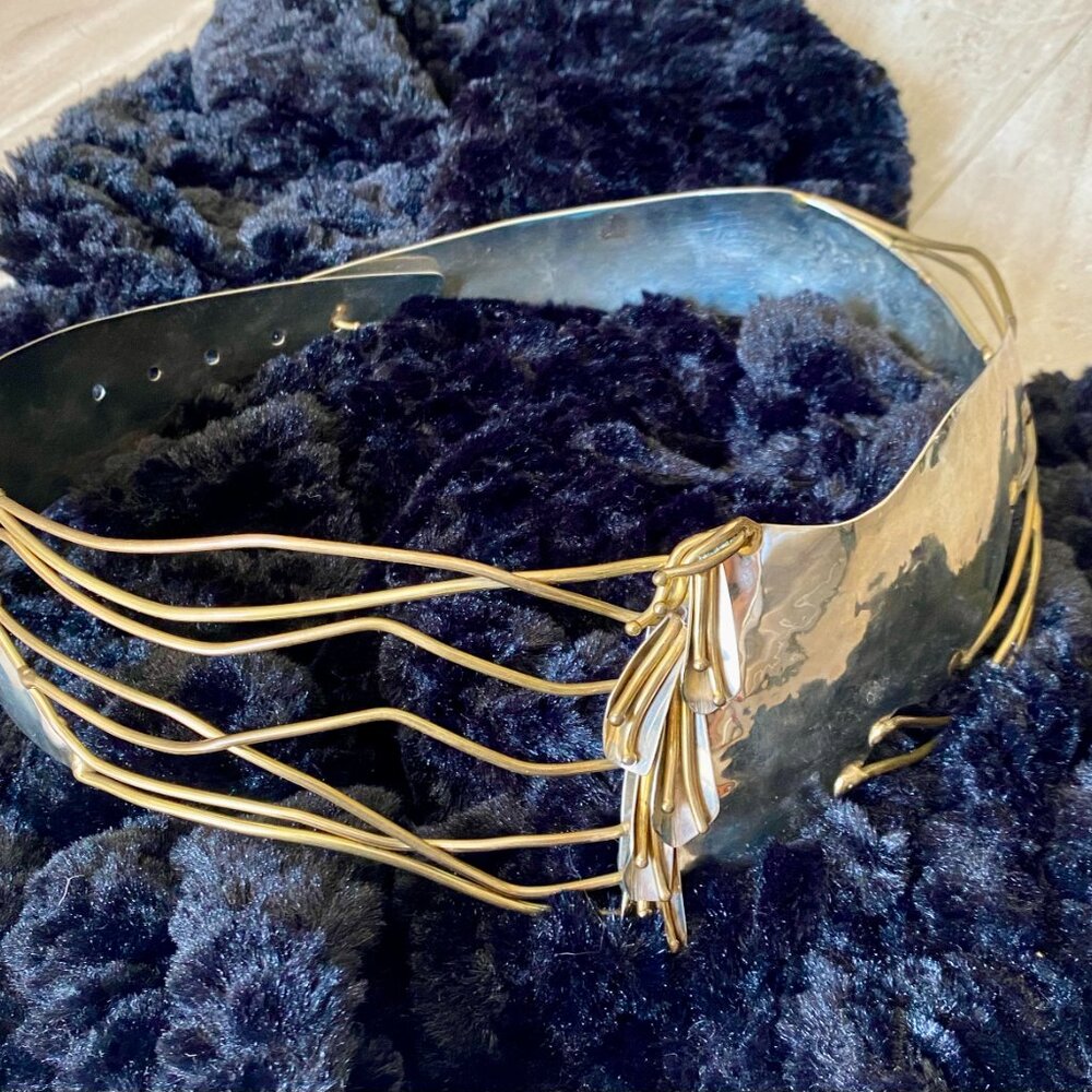 Vintage 1980s Brutalist Style Tooled Metal Belt w/Silver & Bronze Embellishments